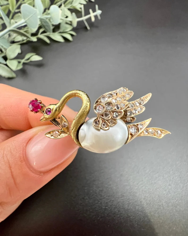 Antique Swan Brooch In 14 Carat Yellow And Rose Gold With Pearl, Rubies And Diamonds