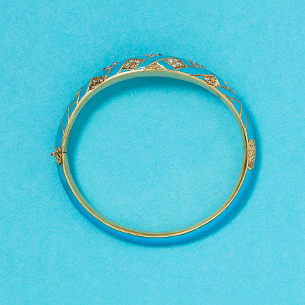 Victorian Antique Turquoise Blue Enamel and Old Cut Diamond Bangle Bracelet, 0.80 carats