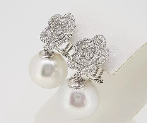 South Sea Pearl and Diamond Cluster Drop Earrings, 18ct White Gold