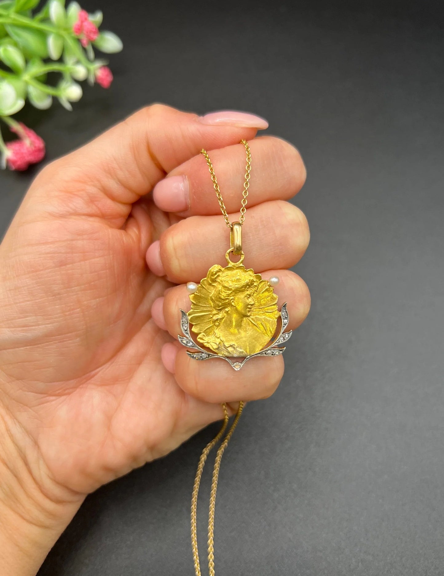 Antique 18 ct Yellow Gold Art Nouveau Diamond And Pearl Portrait Pendant