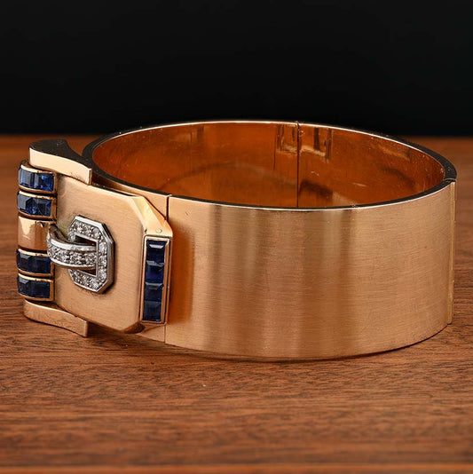Art Deco Italian Weingrill Sapphire Diamond Gold Buckle Clip Bangle Bracelet