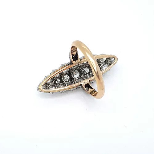 Antique Victorian Marquise Shaped Diamond Navette Ring; navette cluster ring, round cut diamonds set into a marquise shape, 2.00 carat total