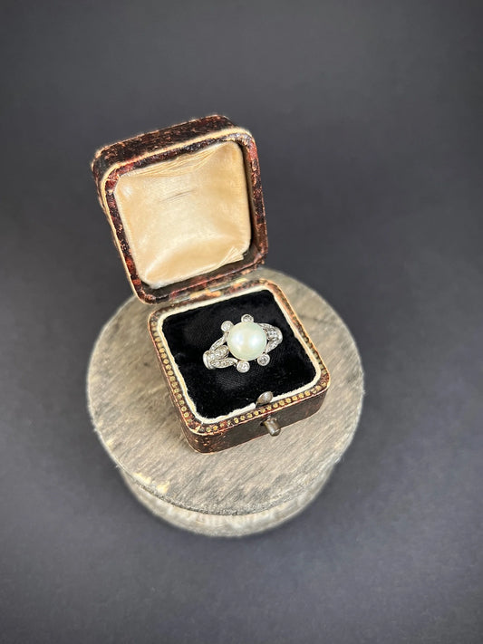 Antique 18ct White Gold, Edwardian Cultured Pearl & Old Cut Diamond Ring
