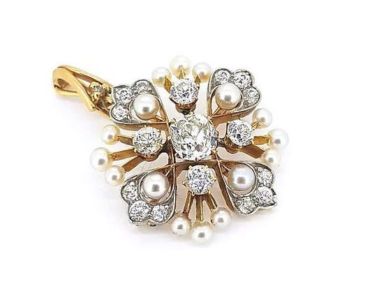 Antique Natural Pearl and Old Cut Diamond Pendant Brooch
