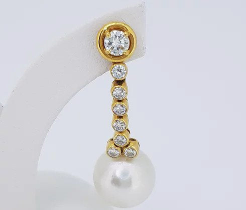 Vintage South Sea Pearl and Diamond Drop Earrings, in 18ct yellow gold