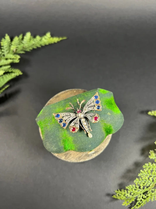 Antique Butterfly Brooch in 18 Carat Rose Gold And Silver With Gemstones