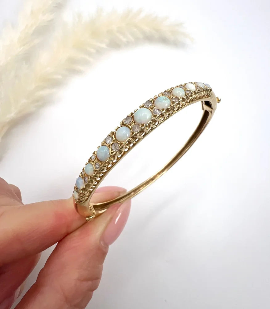 Vintage Opal And Diamond Bangle In 14 Carat Yellow Gold