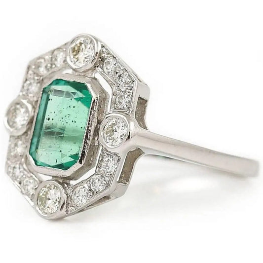 Art Deco Style 1ct Emerald and Diamond Halo Cluster Dress Ring in Platinum