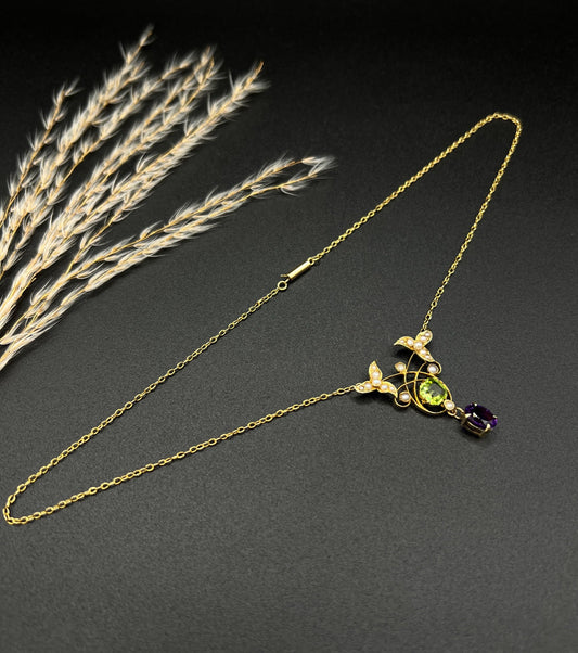 Antique 9ct Gold Stamped, Authentic Edwardian-era Suffragette Pendant Necklace with Amethyst, Peridot & Seed Pearls