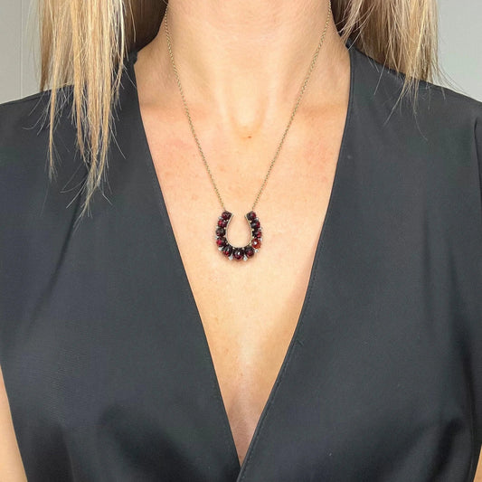 Victorian Antique Garnet and Diamond Horseshoe Pendant Necklace in Rose Gold