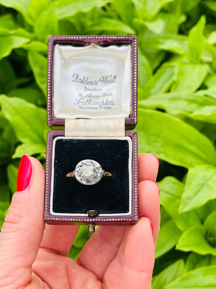 Georgian diamond cluster ring in 18 carat gold and silver.