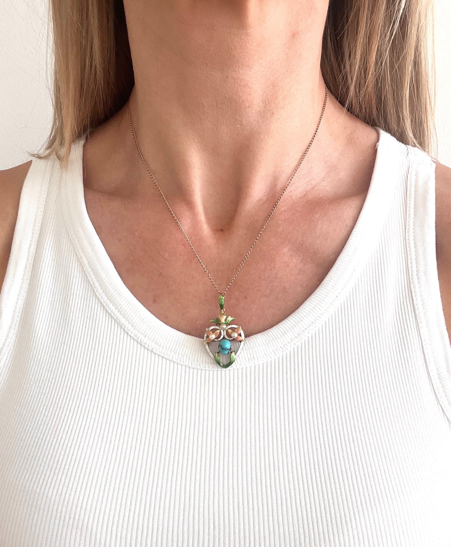 Antique 15ct Gold Heart Pendant/Brooch: Victorian Enamel, Turquoise, Seed Pearls