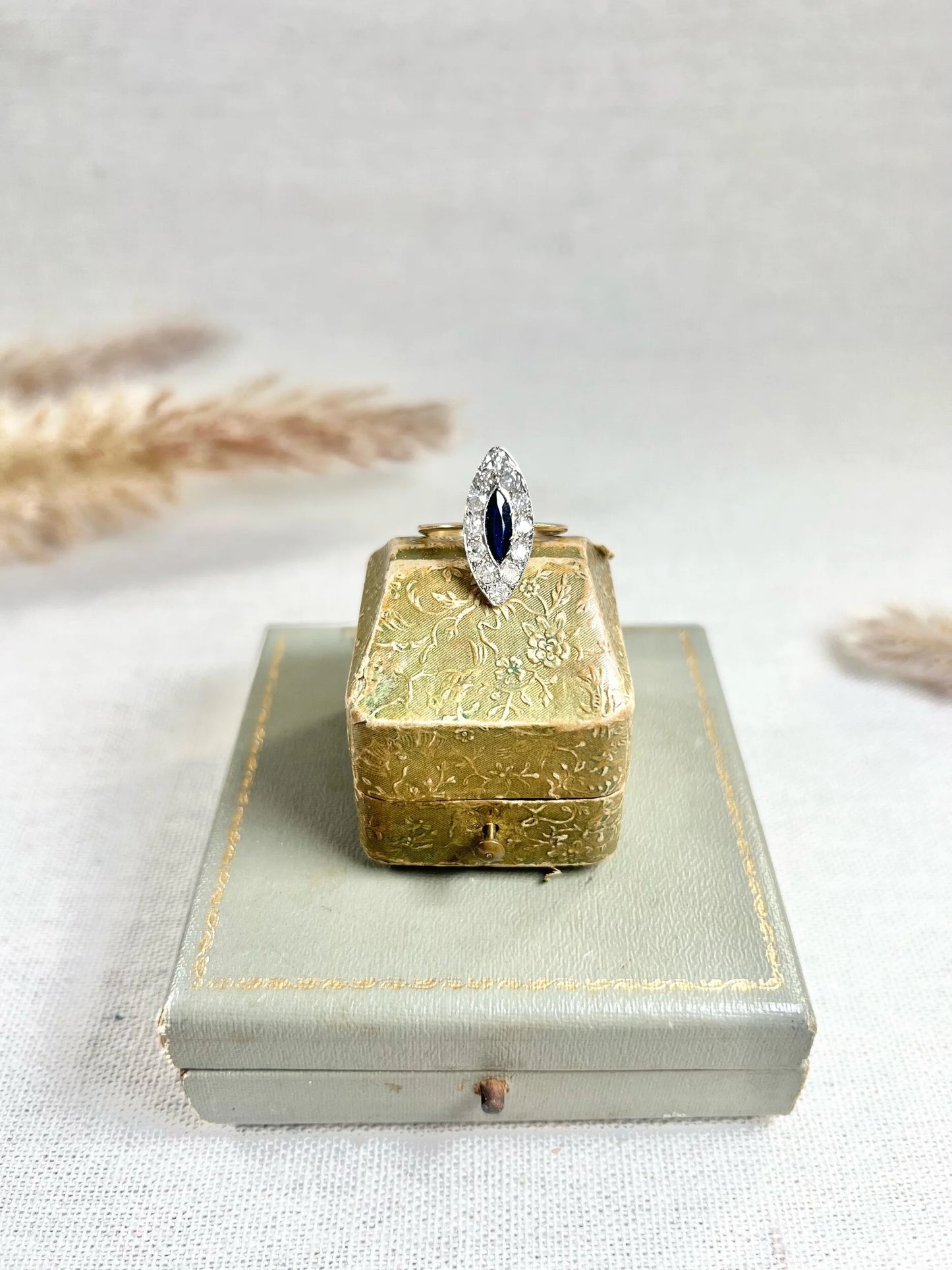Edwardian 18 Carat Gold and Platinum Sapphire Diamond Marquise/Navette Ring