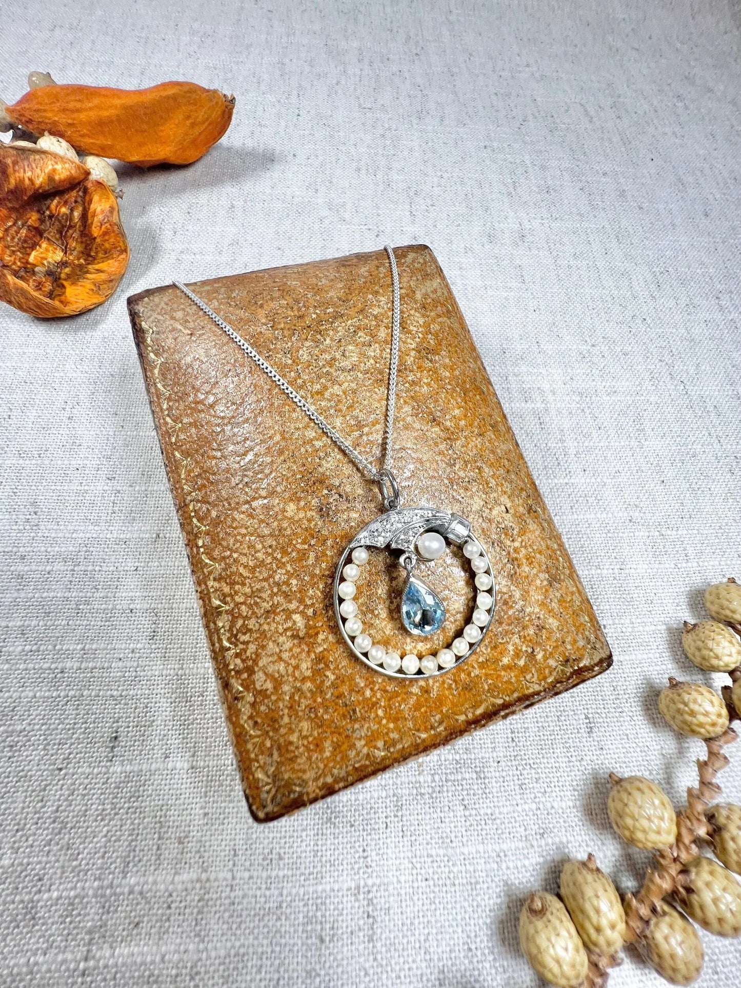 Antique 14 Carat Gold And Platinum 1920's Aquamarine, Pearl, And Diamond Pendant