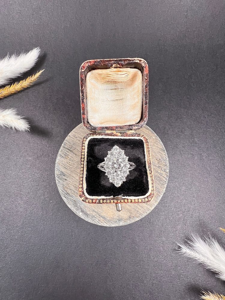 Vintage French 2ct Diamond Marquise Navette Cluster Ring, marquise navette-shaped body set with 2 carats of brilliant cut diamonds in 18ct white gold, with fancy split-shoulders and reeded band. Circa 1980s