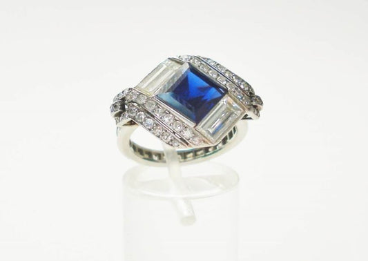 Vintage Square Cut Sapphire and Diamond Engagement Ring