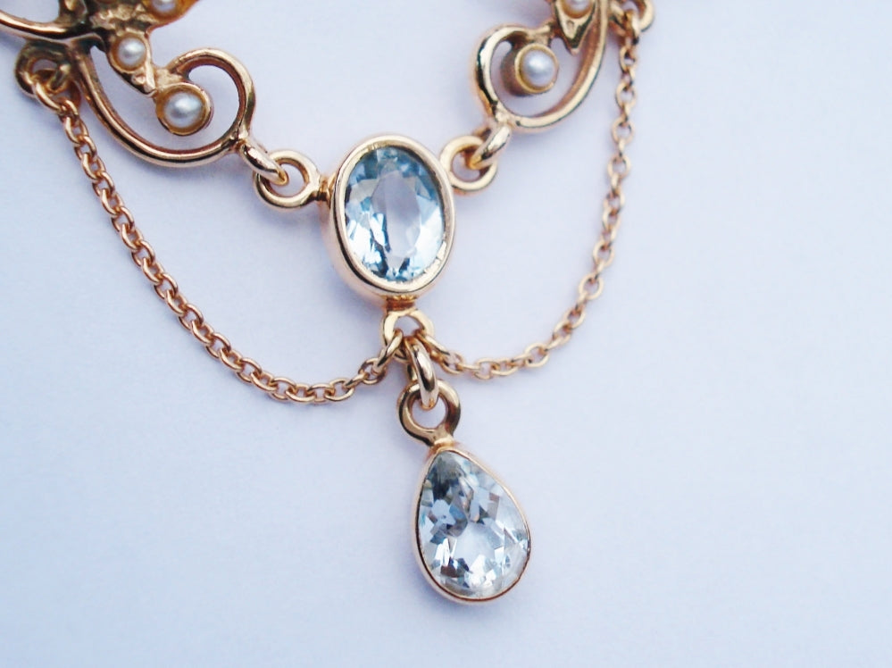 Art Nouveau Style Aquamarine and Pearl Pendant