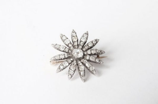 Antique Victorian Old Diamond Flower Brooch Silver and gold