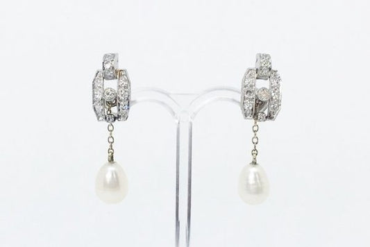 Antique Art Deco Brilliant Cut Diamond and Pearl Drop Earrings
