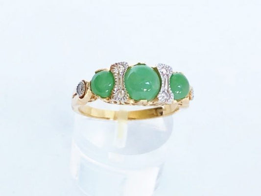 Three Stone Jade and Diamond Ring, Yellow Gold