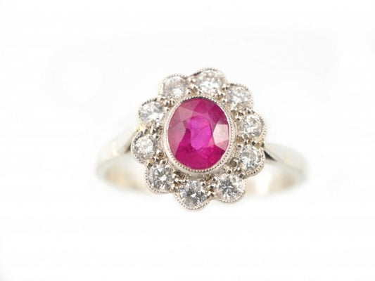 Ruby and Diamond Cluster Ring, White Gold