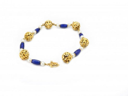 Antique Edwardian Blue Enamel and Pearl Gold Bracelet