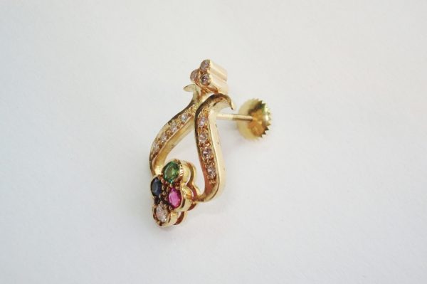 Art Nouveau Style Ruby, Sapphire, Emerald and Diamond Yellow Gold Earrings