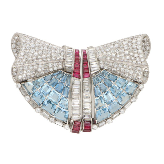 Aquamarine, Ruby and Diamond Double Clip Platinum Brooch