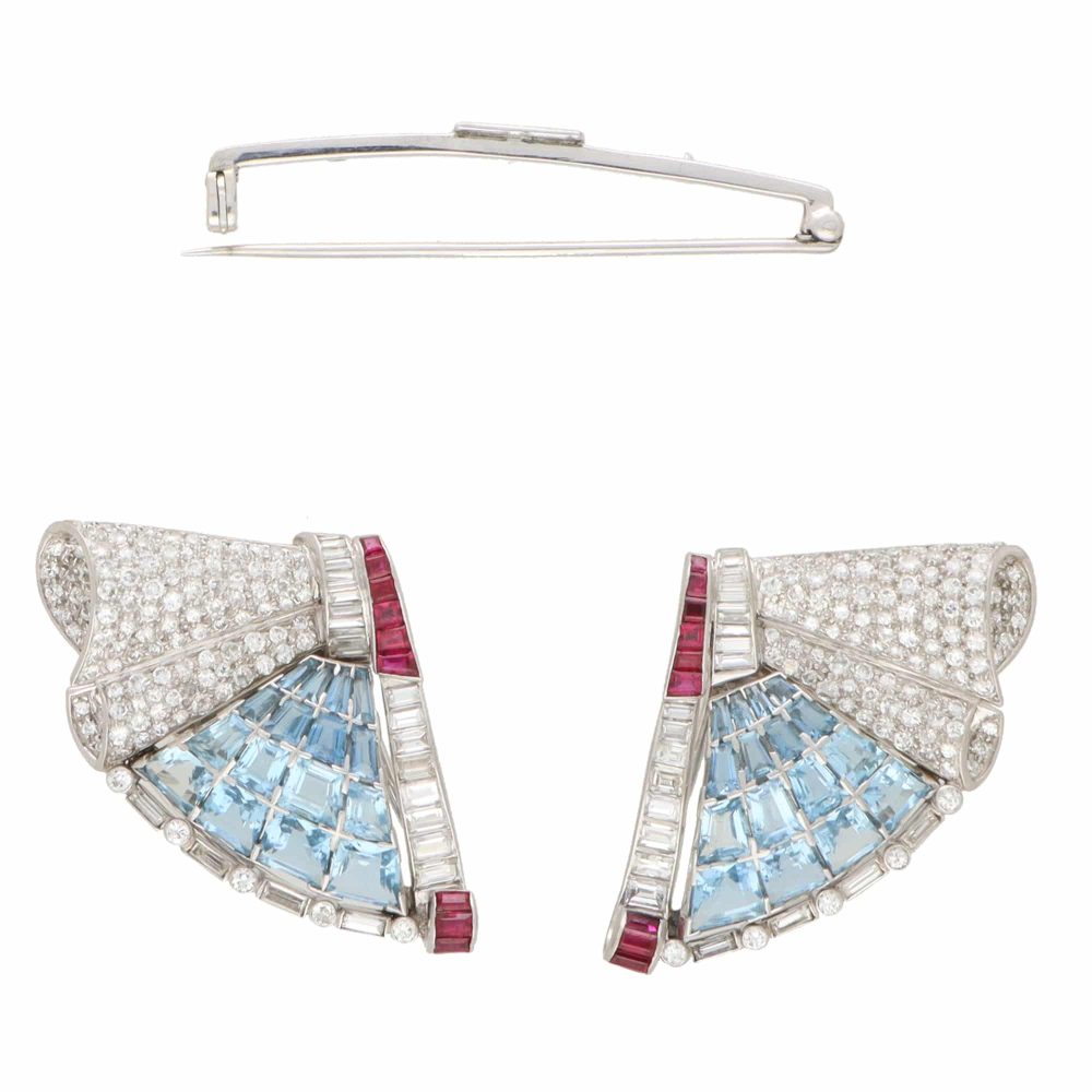 Art Deco Aquamarine, Ruby and Diamond Double Clip Platinum Brooch