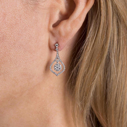 Diamond drop cluster earrings 18ct white gold centre cluster Modern New