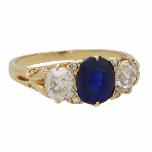 Victorian Old Cut Diamond and Sapphire Three Stone Ring