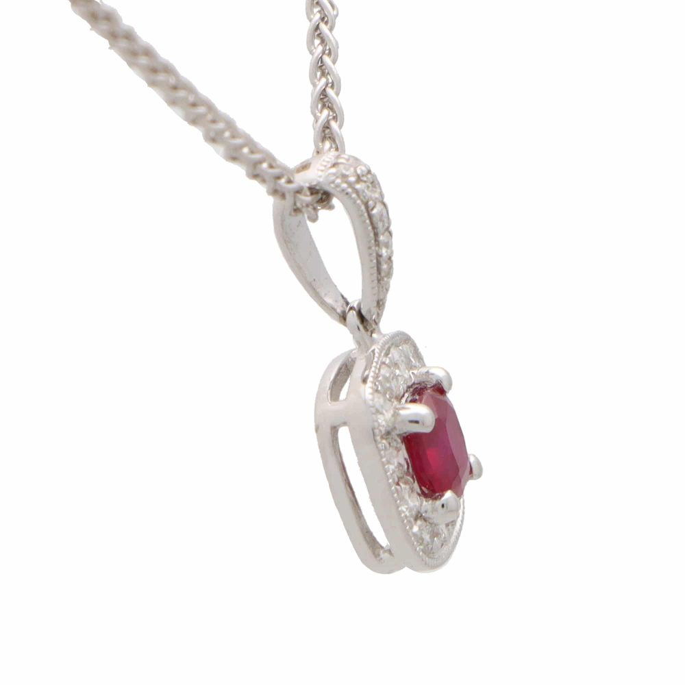 Ruby and Diamond Cluster Pendant In 18 Carat White Gold