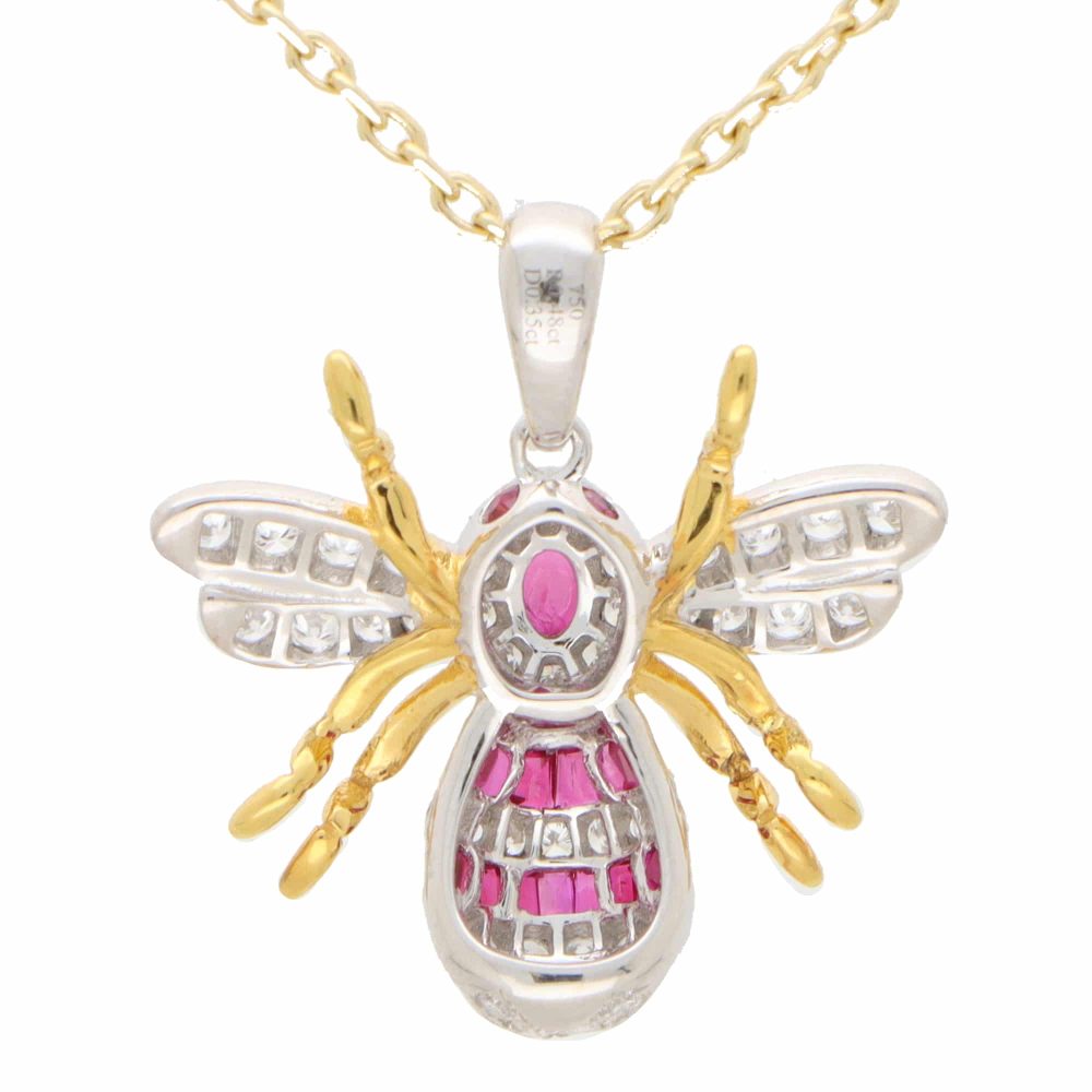 Ruby and Diamond Bee Pendant in 18ct White and Yellow Gold
