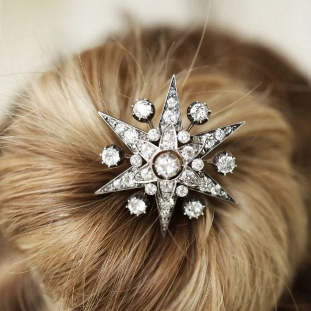 Antique 3.75ct Old Cut Diamond Six Point Star Brooch and Hair Pin