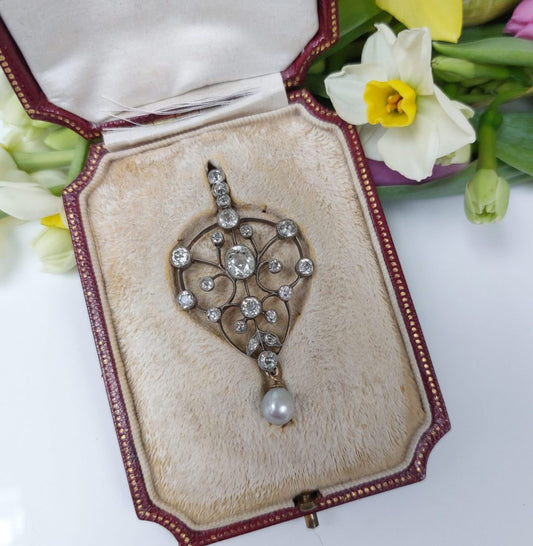 Antique 3cts Old Cut Diamond and Pearl Drop Pendant