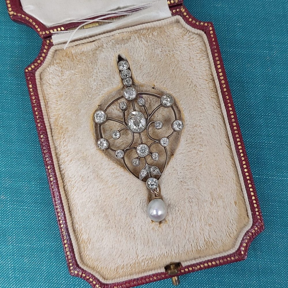 Antique 3cts Old Cut Diamond and Pearl Drop Pendant