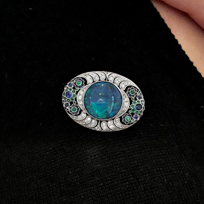Antique Art Deco Black Opal Diamond Brooch