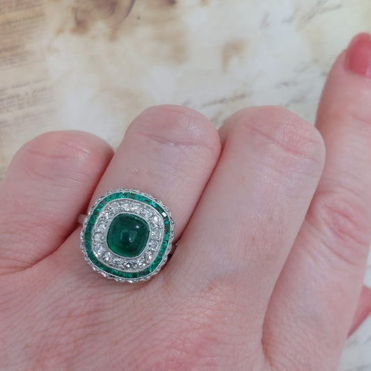 Antique Art Deco Cabochon Emerald and Diamond Target Ring