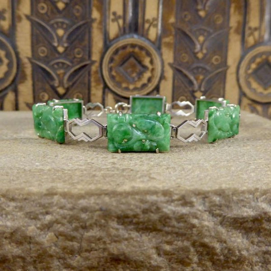Antique Art Deco Carved Jade Link Bracelet in Original Box
