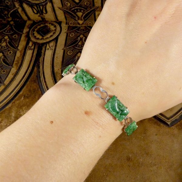 Antique Art Deco Carved Jade Link Bracelet in Original Box