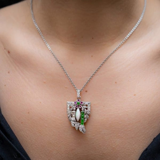 Antique Art Deco Diamond, Opal and Green Garnet Pendant