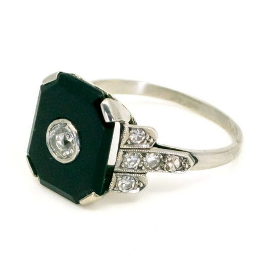 Art Deco Style Diamond and Onyx Plaque Ring in Platinum Platinum