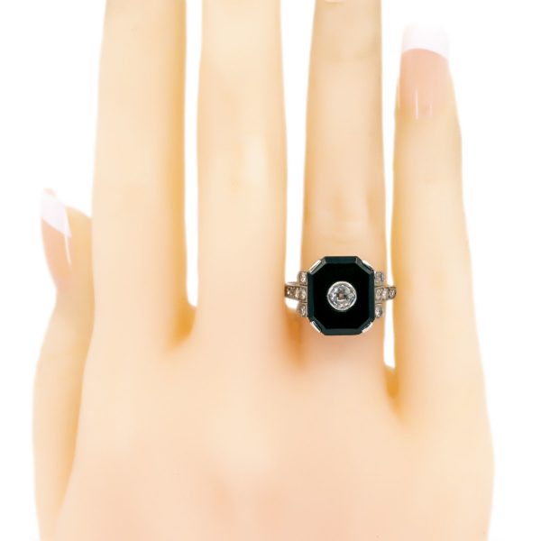 Art Deco Style Diamond and Onyx Plaque Ring in Platinum Platinum