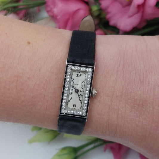 Antique Art Deco Tiffany Diamond and Onyx Ladies Cocktail Watch