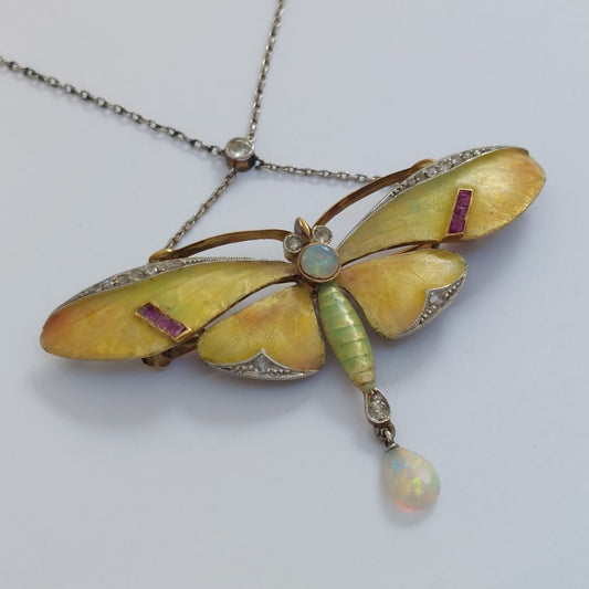Antique Art Nouveau Enamel Butterfly Brooch Pendant Necklace