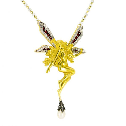 Antique Art Nouveau Fairy Diamond, Pearl and Plique-à-jour Necklace