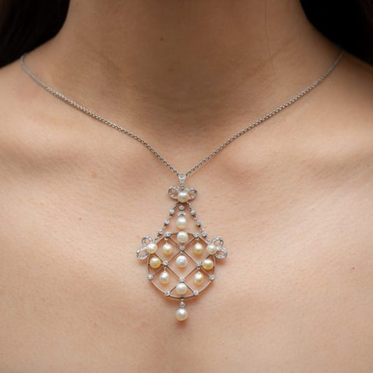 Antique Belle Epoque Diamond and Natural Pearl Pendant