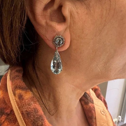 Antique Briolette Aquamarine and Diamond Drop Earrings, Circa 1890