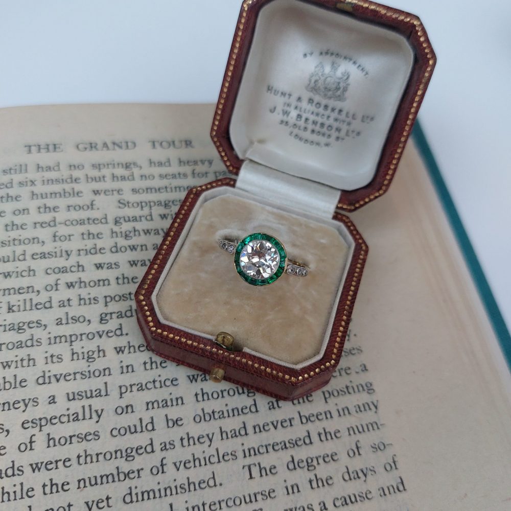 Antique Edwardian 1.50ct Old European Diamond and Emerald Halo Ring