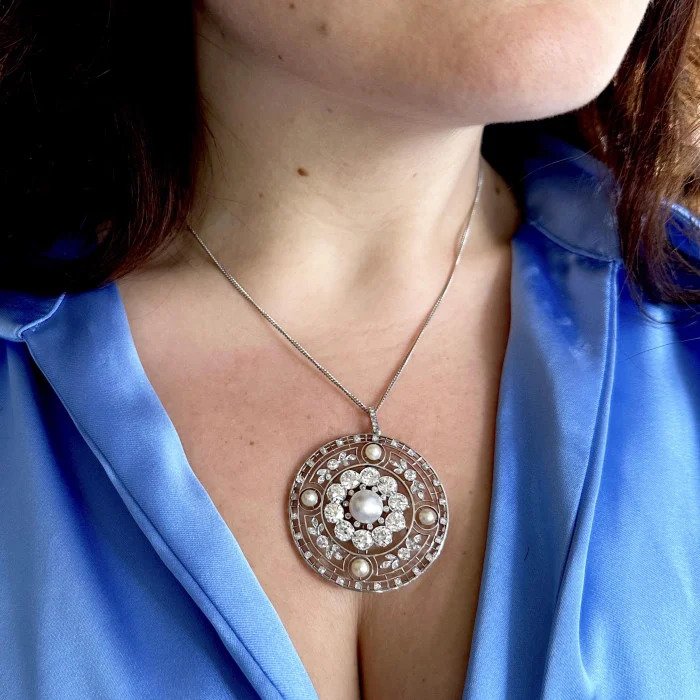 Edwardian Antique Natural Pearl and Diamond Pendant in Platinum, 5.90 carat total